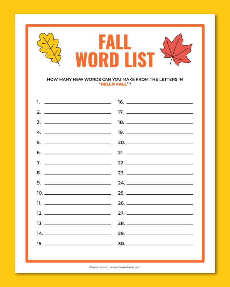 Printable fall word list game