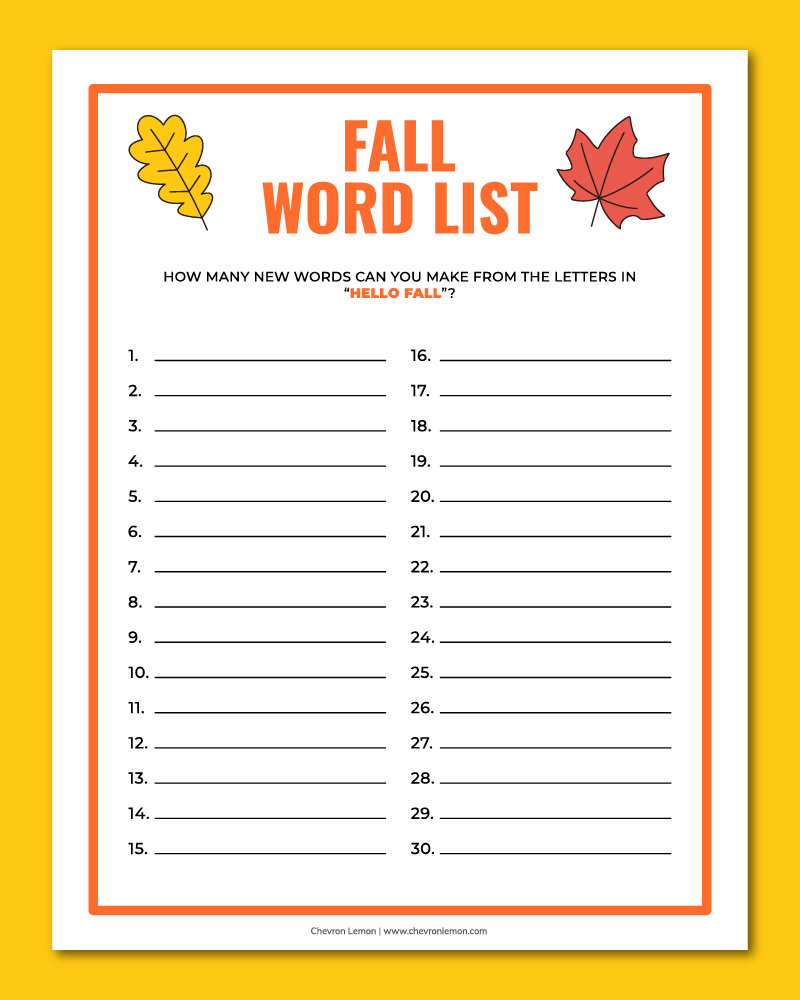 Printable fall word list game