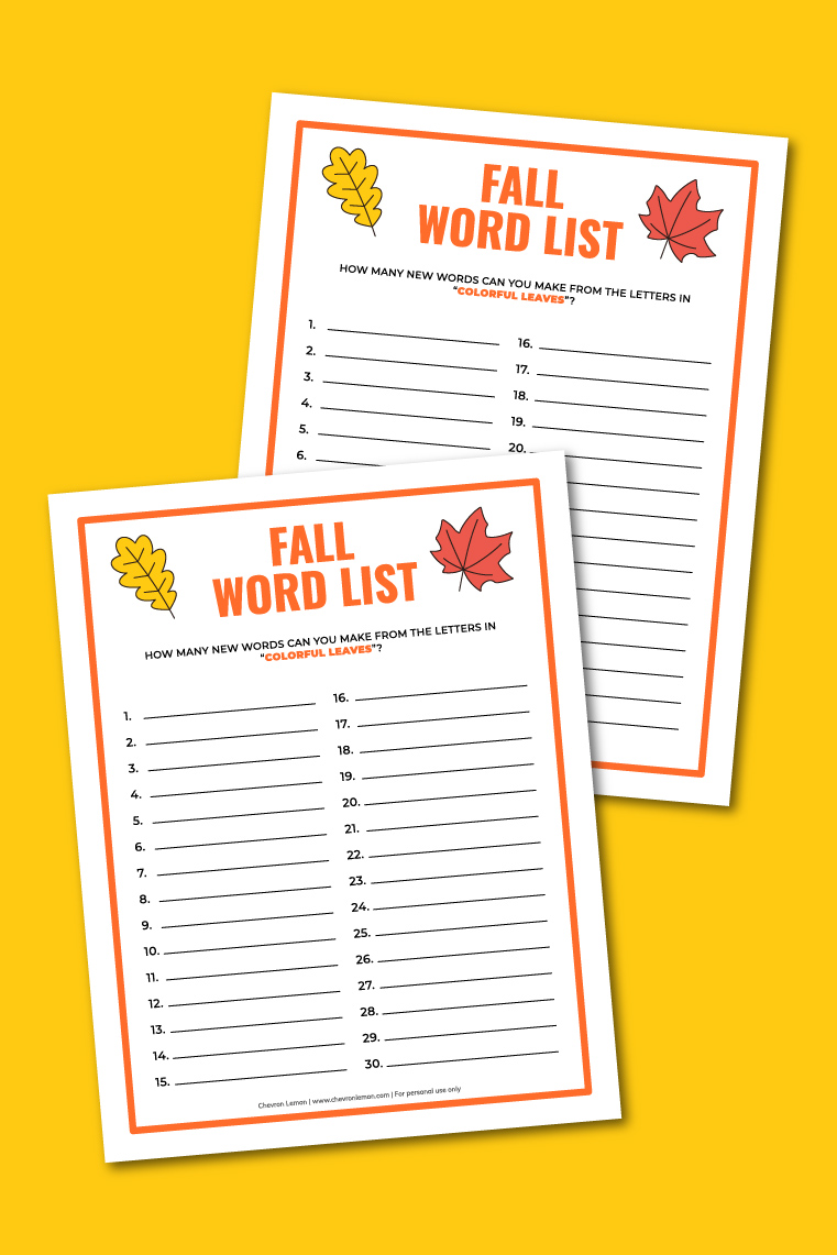 Printable fall word list game