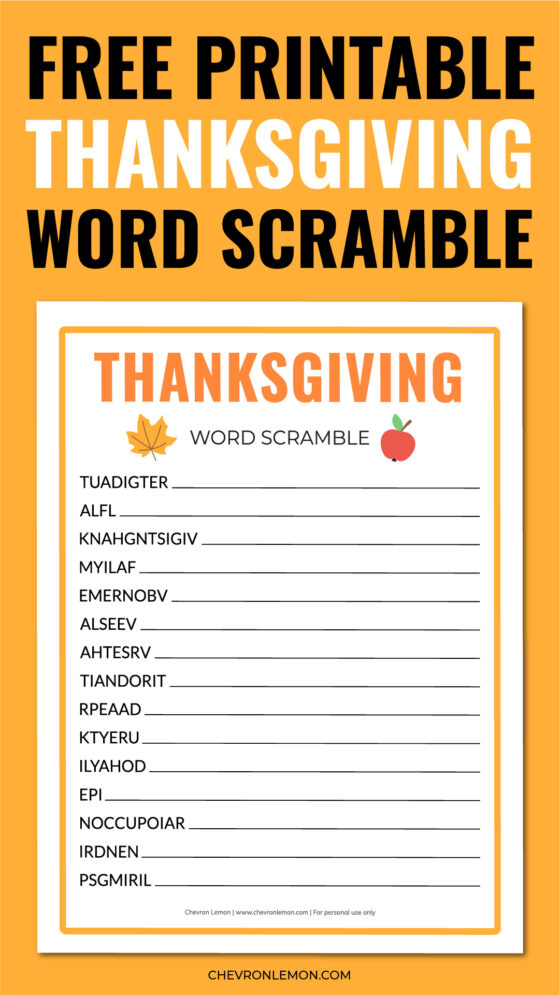 Printable Thanksgiving word scramble - Chevron Lemon