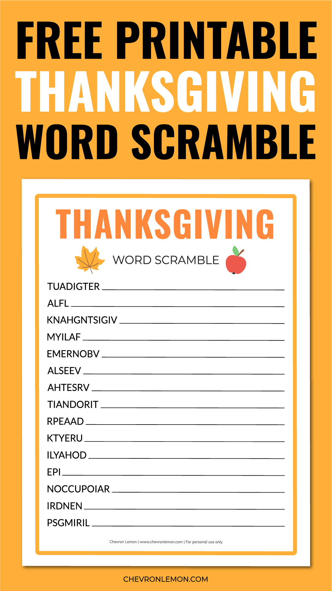 Thanksgiving word scramble