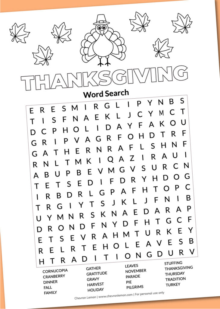 Printable Thanksgiving word search - Chevron Lemon