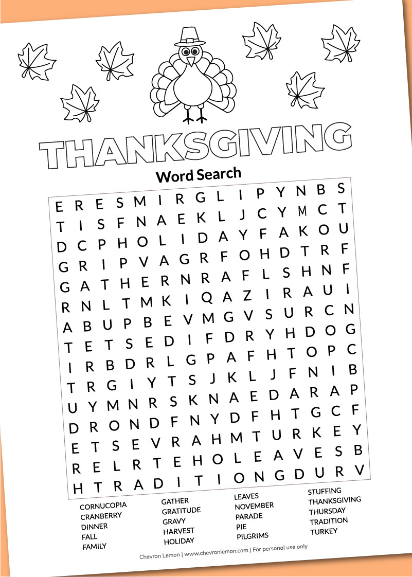 Printable Thanksgiving word search - Chevron Lemon