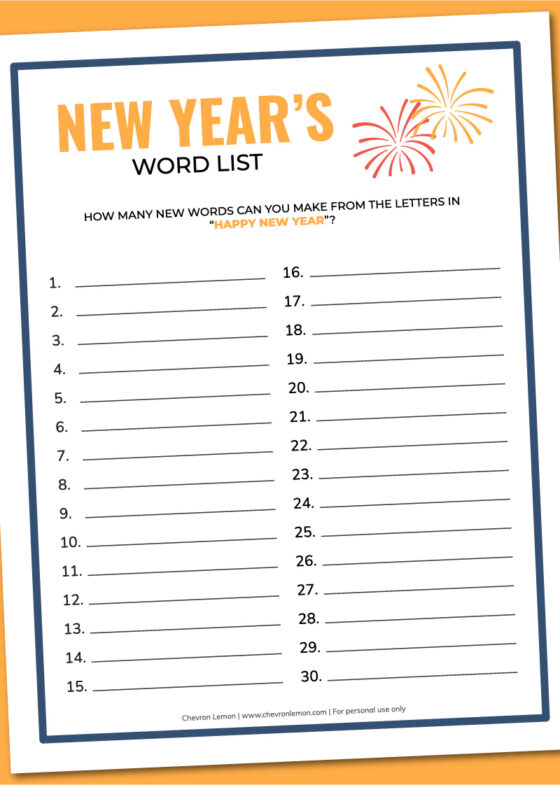 Printable New Year's word list - Chevron Lemon