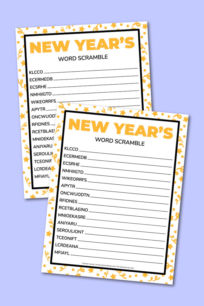 Printable New Year's word scramble - Chevron Lemon