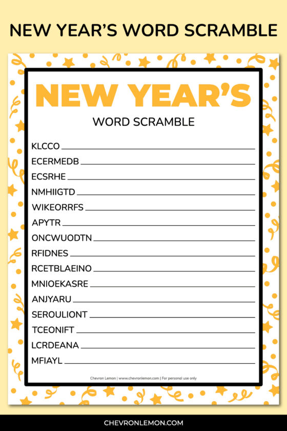 Printable New Year's word scramble - Chevron Lemon