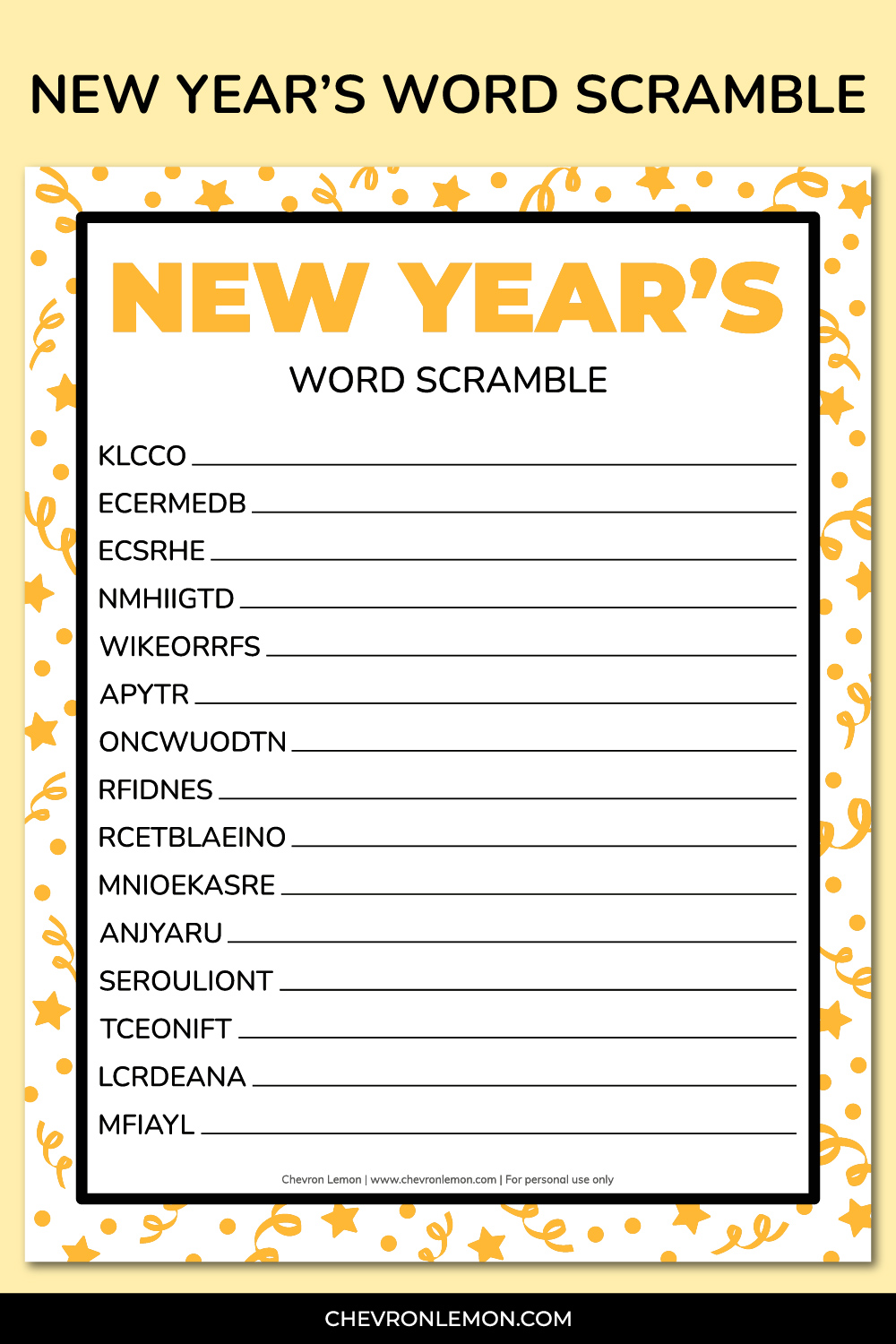 Printable New Year's word scramble