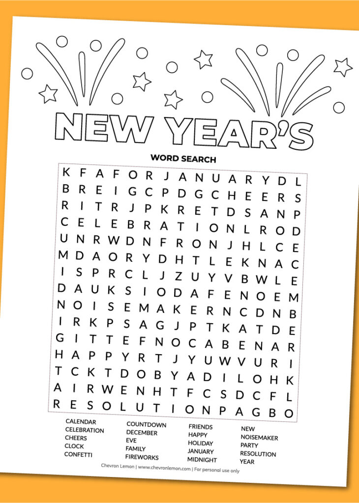 Printable New Year's word search - Chevron Lemon