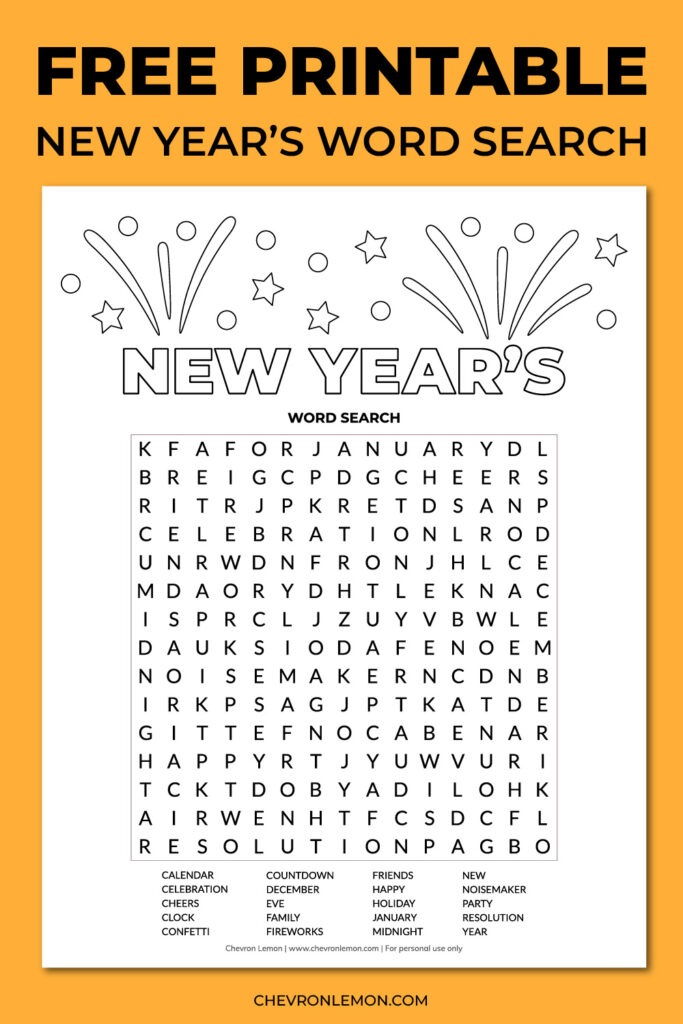 Printable New Year's word search Chevron Lemon