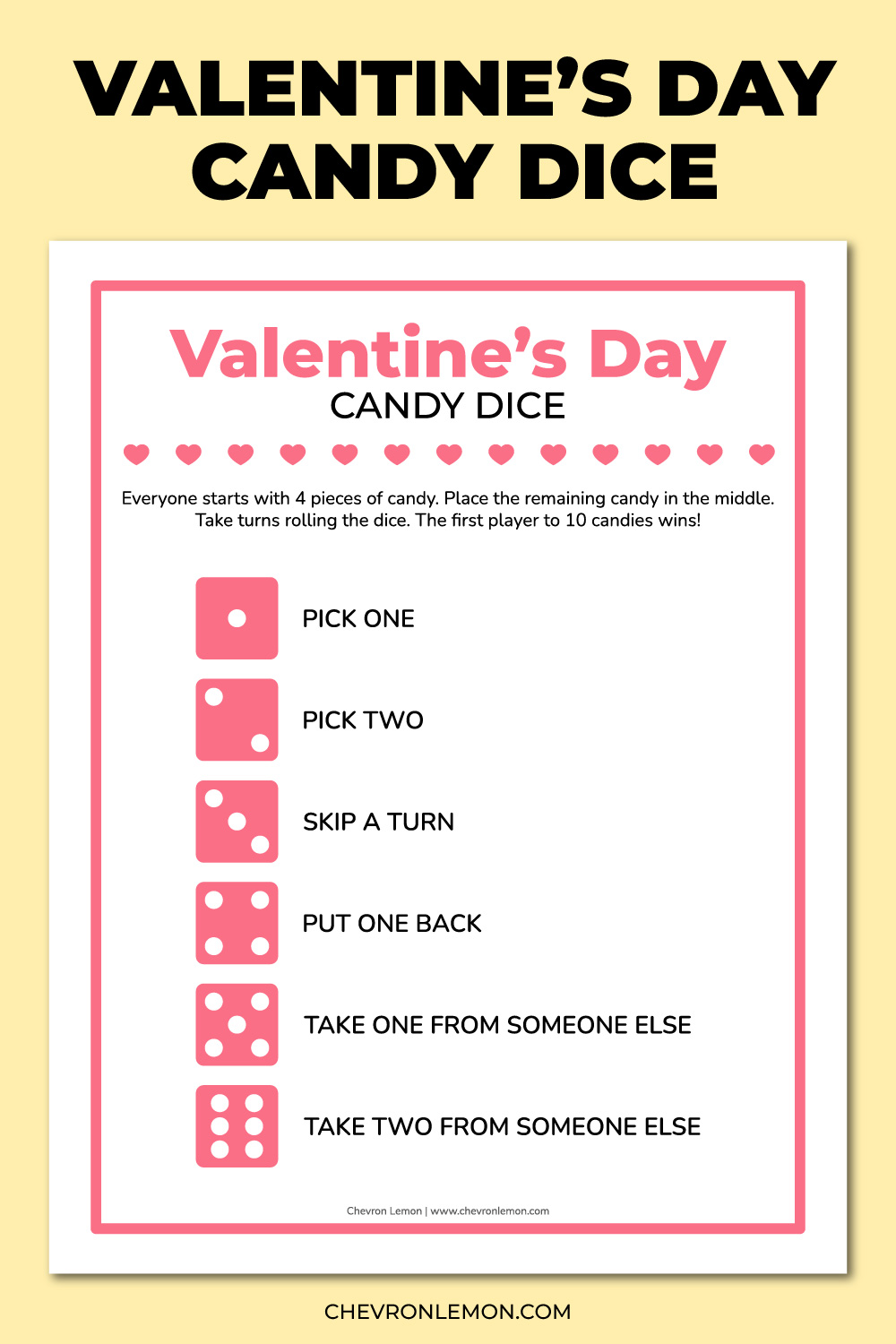 Printable Valentine's Day candy dice game