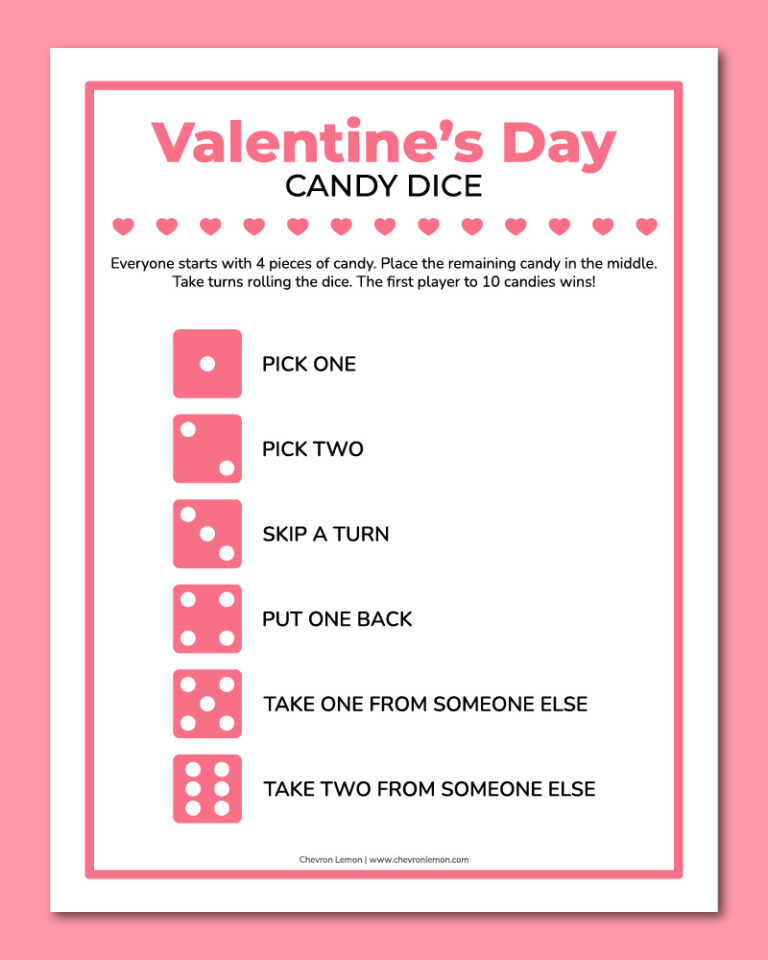 Printable Valentine's Day candy dice game