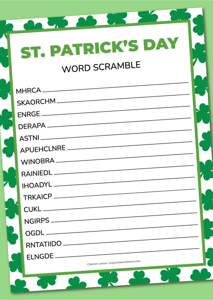 Printable St. Patrick's Day word scramble - Chevron Lemon