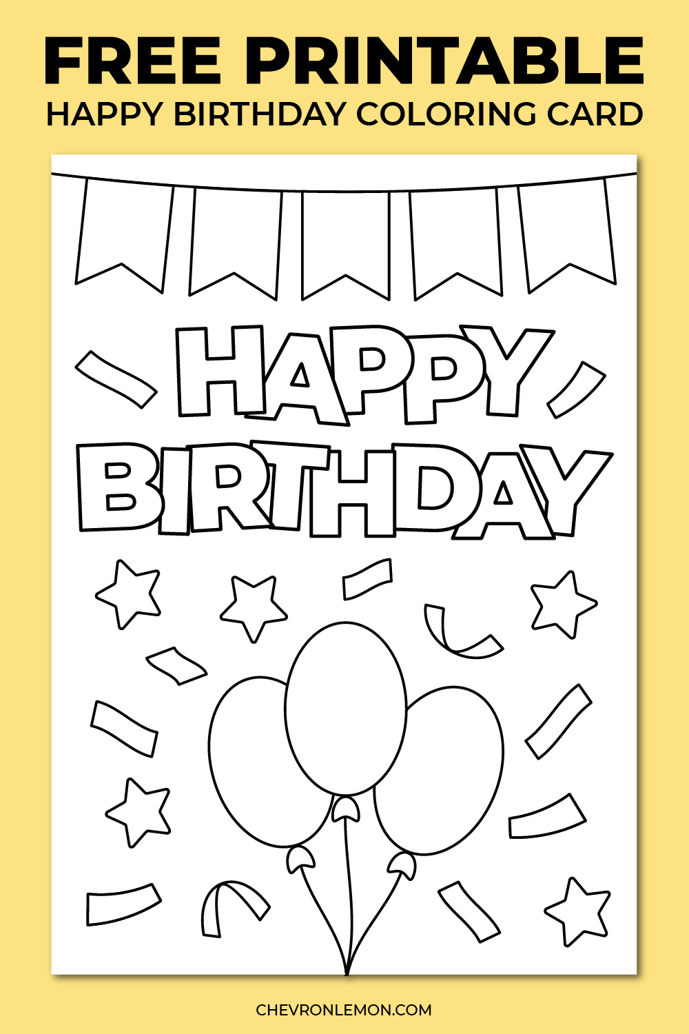 Printable Happy Birthday coloring card - Chevron Lemon