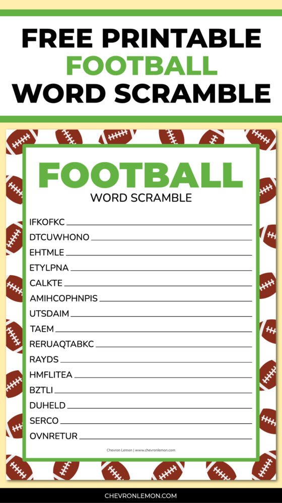 Printable football word scramble - Chevron Lemon