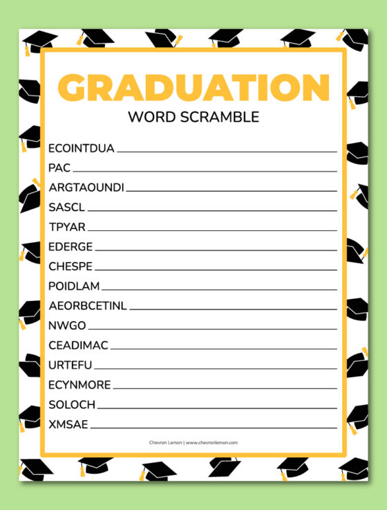 Printable graduation word scramble - Chevron Lemon