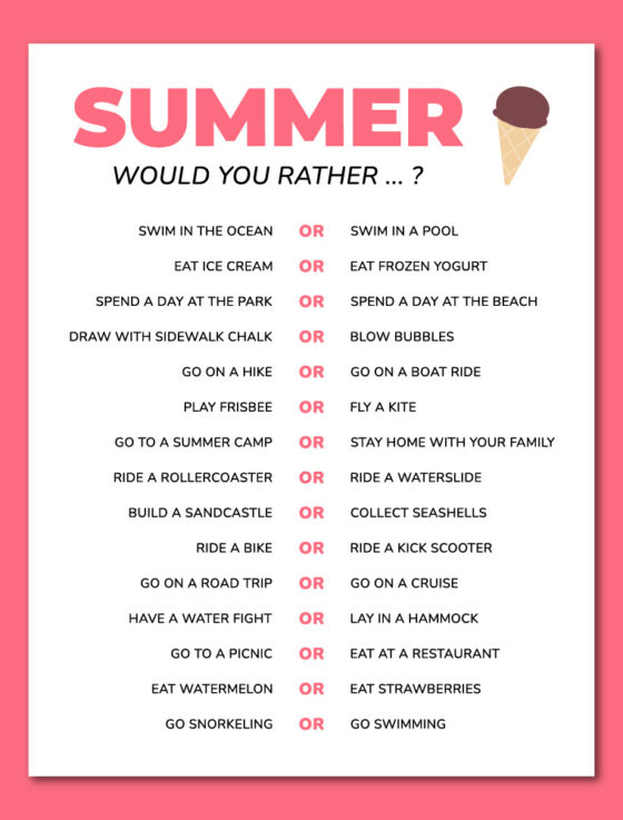 Printable summer would you rather questions for kids - Chevron Lemon