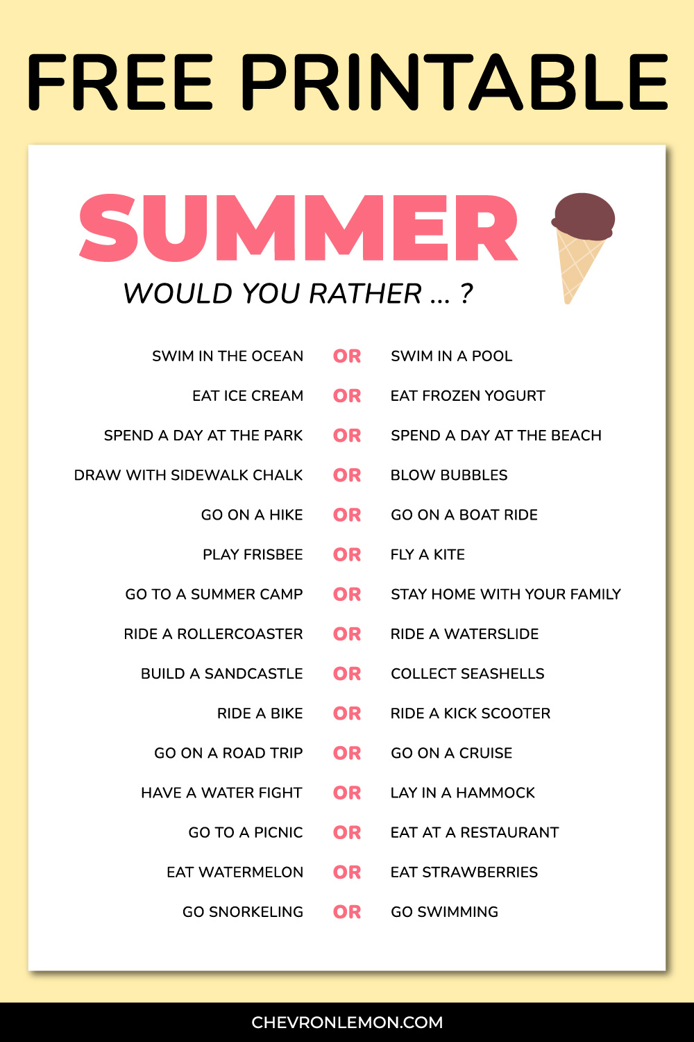Free printable summer would you rather questions
