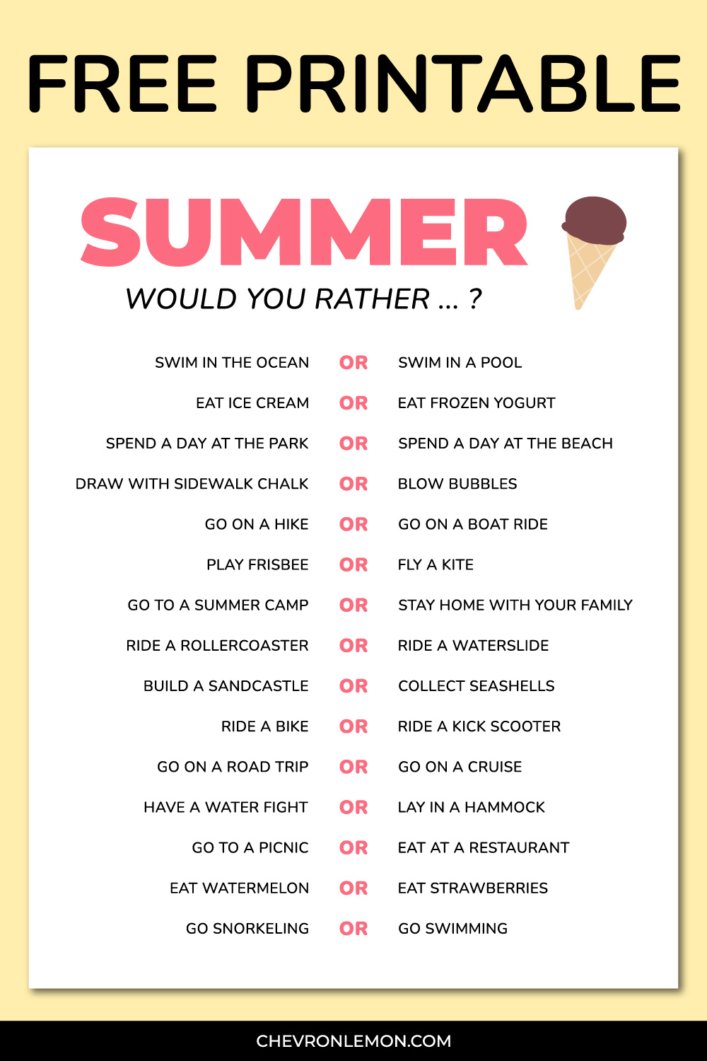 Would You Rather Questions for Students Printable Game