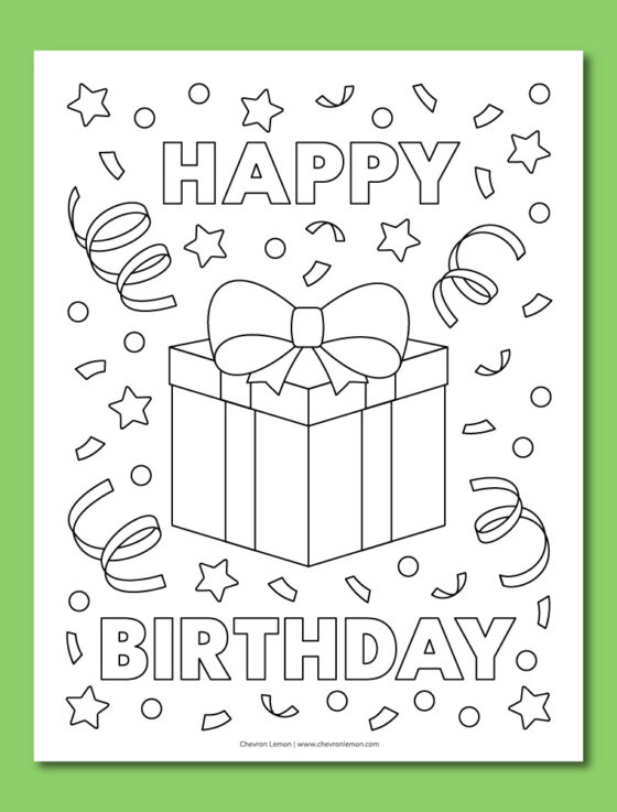 Printable birthday gift box coloring page - Chevron Lemon