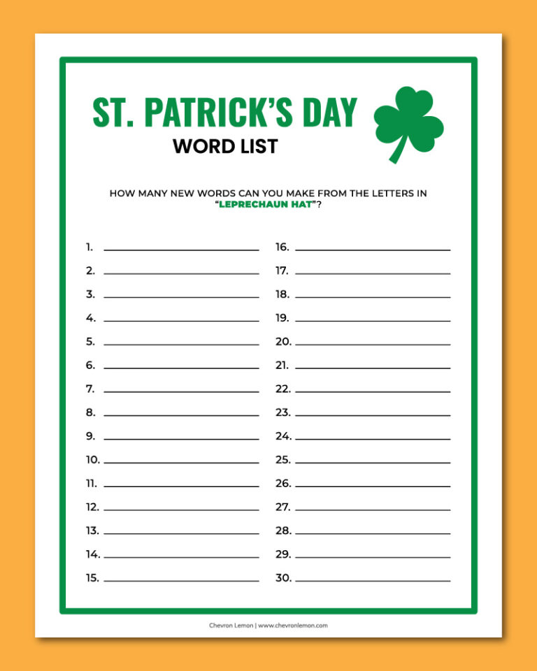 printable St. Patrick's Day word list game