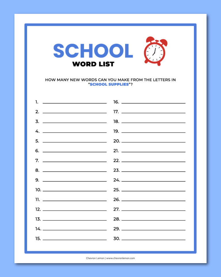 printable school word list game