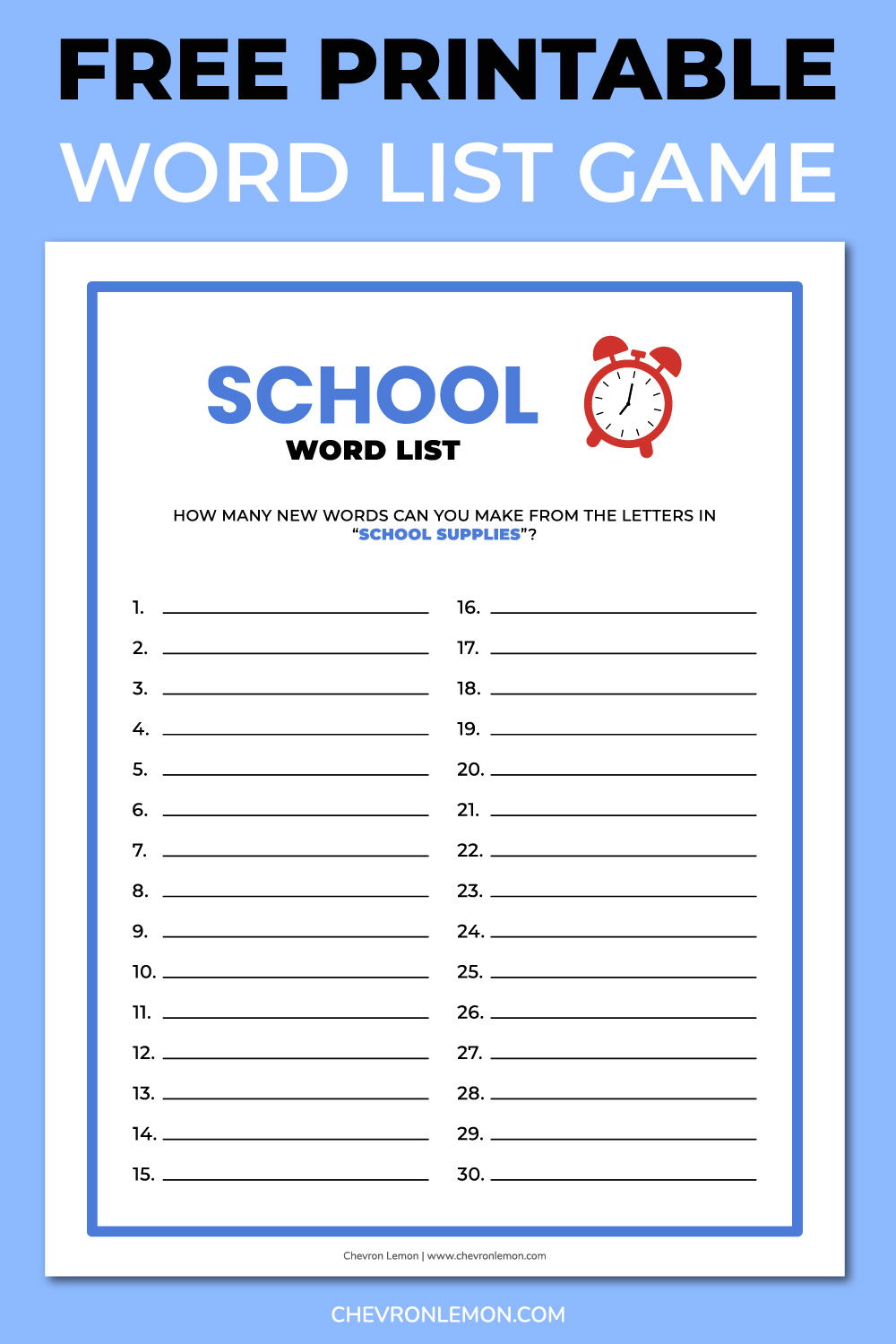 printable school word list game